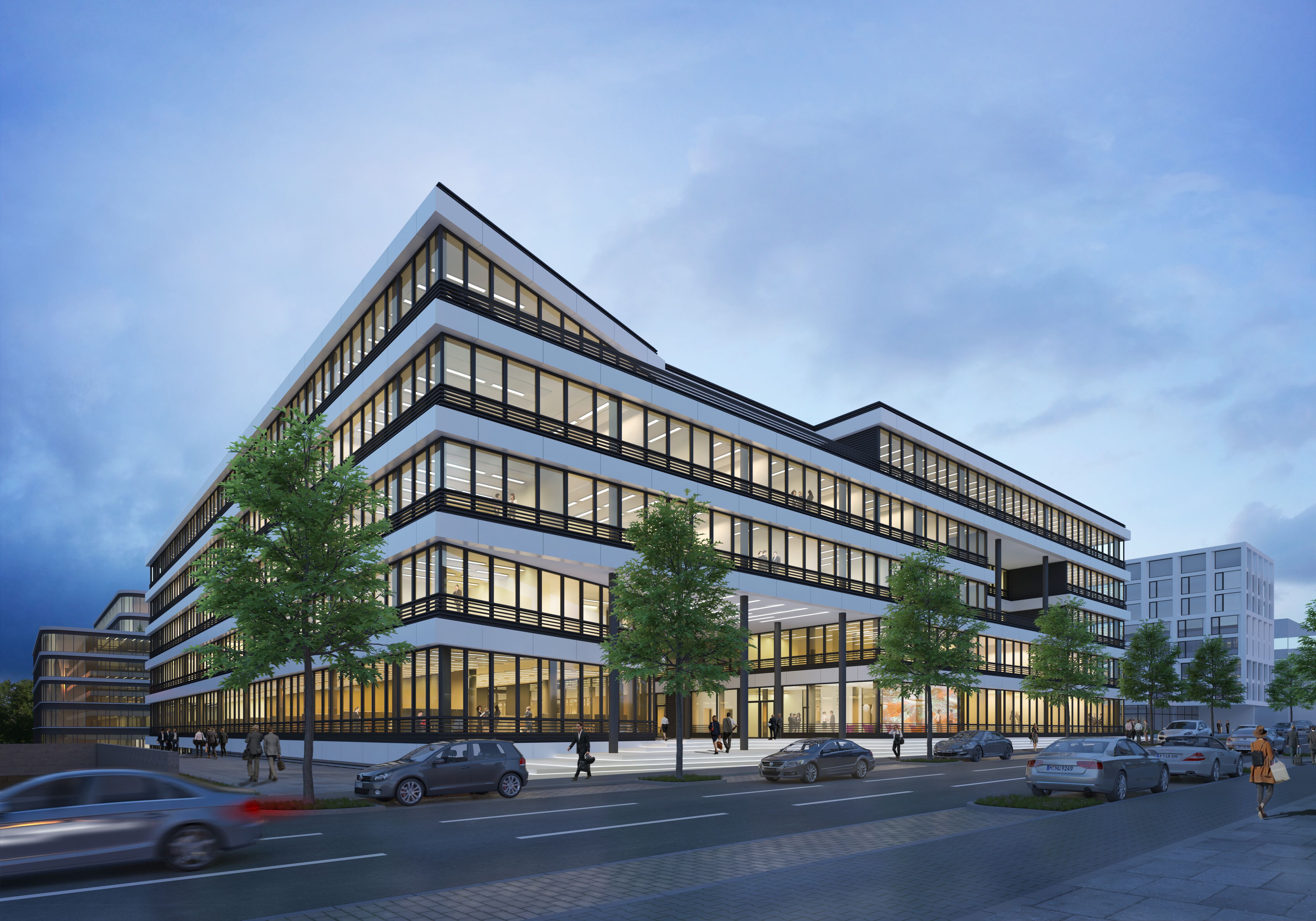 NOVIA: Projekt Schwarzbachquartier in Ratingen (Visualisierung Außenansicht bei Dämmerung)