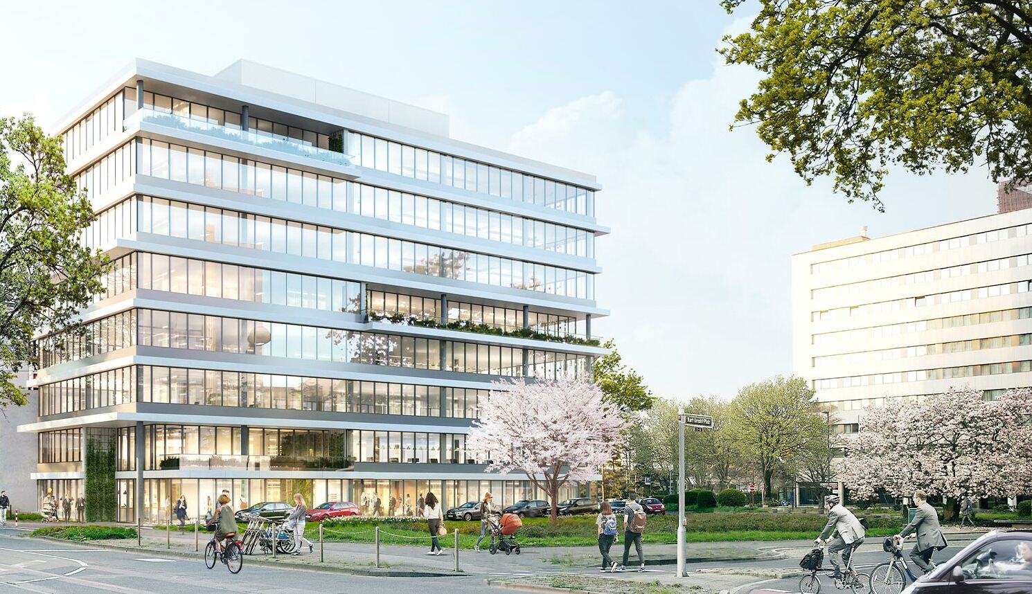 NOVIA: Projekt KAP 2 "Levelz" in Düsseldorf (Ansicht des gläsernen Bürogebäudes von der Straße aus)