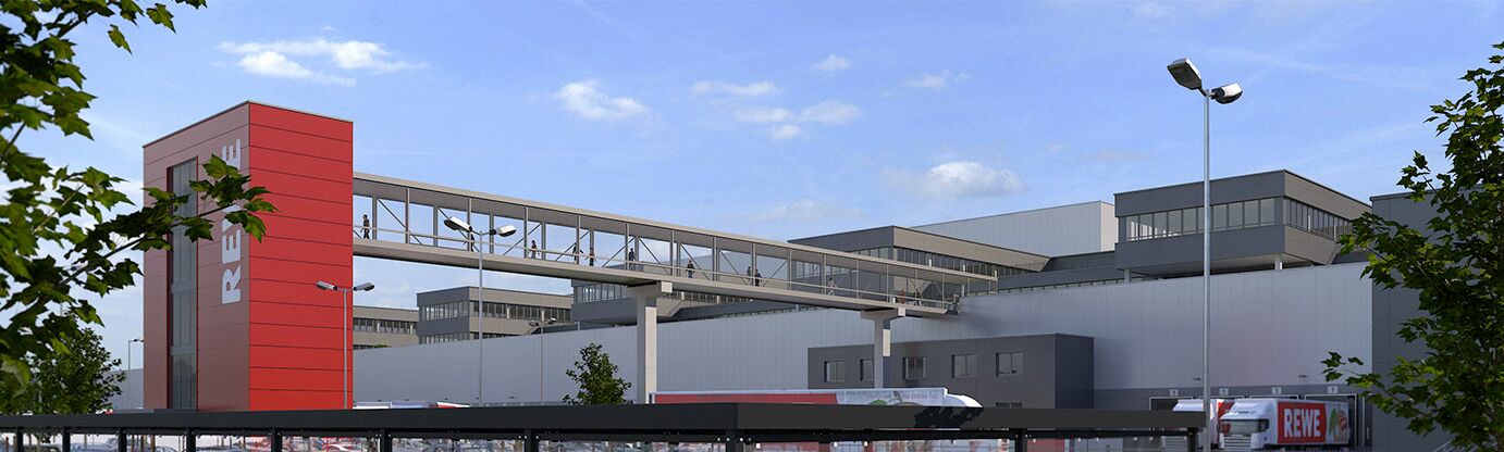 NOVIA: Projekt RED24 HUZ Zentralstandort Nord der REWE Group GmbH in Henstedt-Ulzburg (Außenansicht Logistikimmobilie mit REWE-Logo)