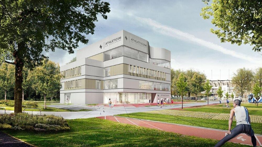 NOVIA: Projekt AAV Athleticum in Hamburg (Visualisierung Außenansicht des Gebäudes und Sportgelände)