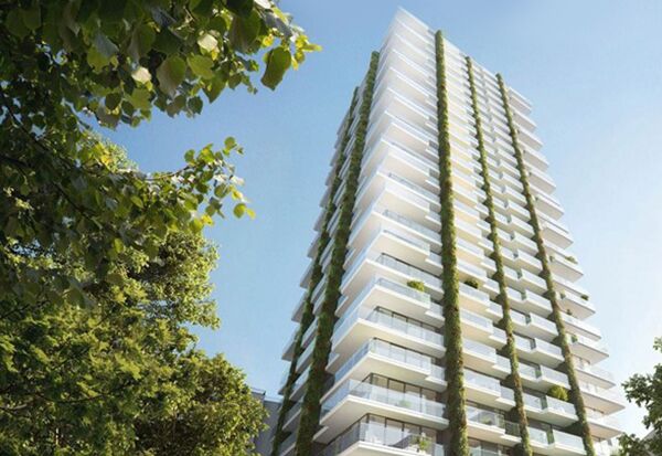 NOVIA: Projekt Eden Tower in Frankfurt am Main (Außenansicht des Gebäudes vor blauem Himmel)
