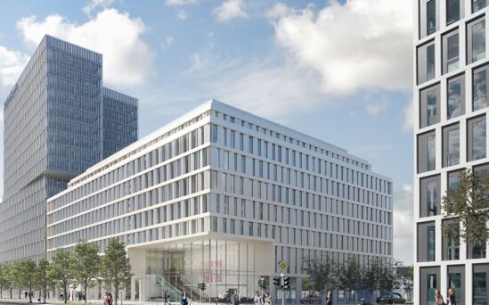 NOVIA: Projekt FAZ Tower in Frankfurt am Main (Visualisierung Außenansicht des beleuchteten Gebäudes - quadratisches Bildformat)