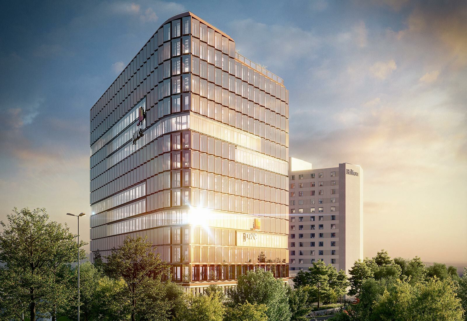 NOVIA: Projekt Eclipse in Düsseldorf (Rückansicht - Spiegelung der untergehenden Sonne in der Glasfassade)